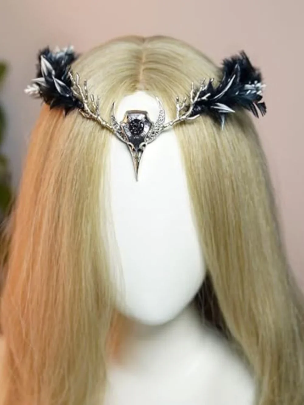 Handmade Black Gothic Raven Feather Crown Circlet with Skull